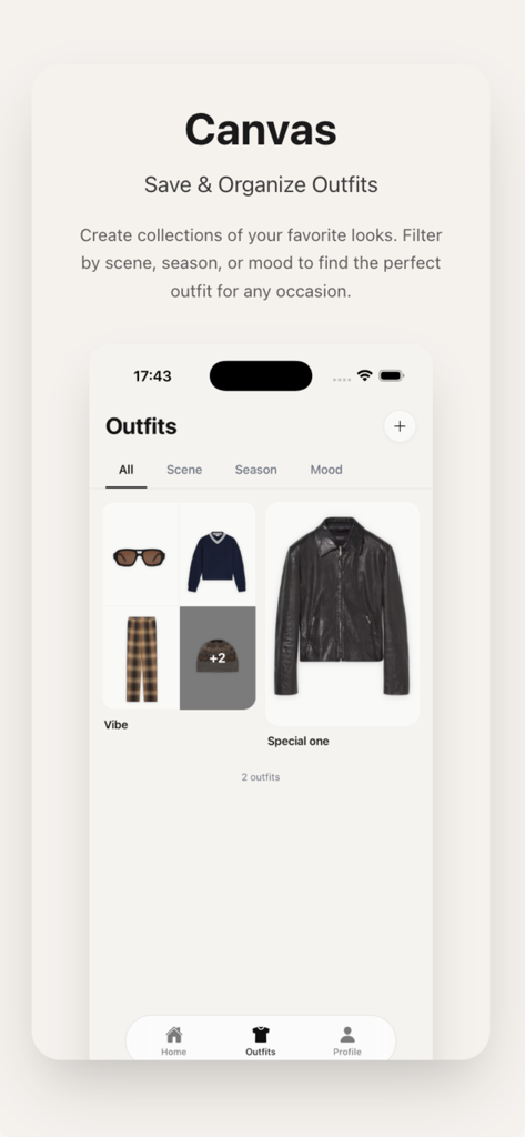 Outfit Studio - Style Canvas - A mobile interface of the Outfit Studio app showing a digital wardrobe with organized outfit collections and filtering options