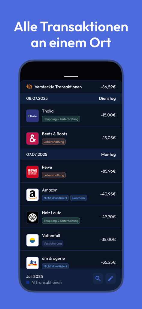 Finanzfluss Copilot - Pantalla de la aplicación móvil que muestra una lista detallada de transacciones financieras categorizadas con logotipos de comerciantes y montos de gasto