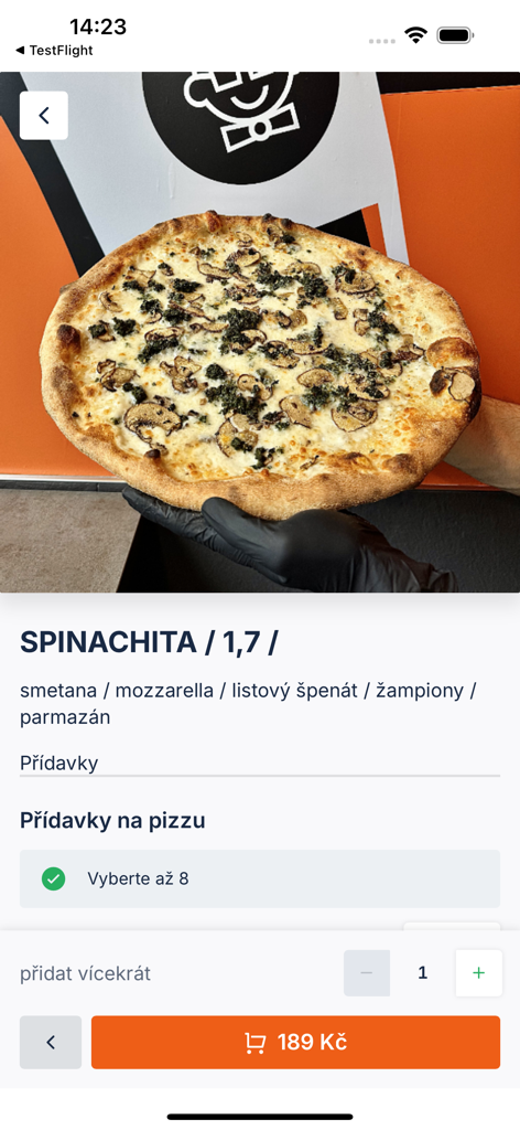 Salty - Detail screen of a Spinachita pizza on the Salty food delivery mobile app