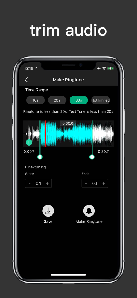 Ringtone Master- extract audio - Ringtone Master app interface showing audio waveform trimming for custom ringtones