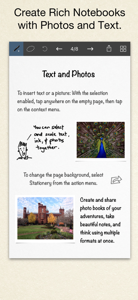 Inkflow Plus Visual Notebook - A digital notebook page in Inkflow Plus featuring a mix of text, handwritten sketches, and photos.