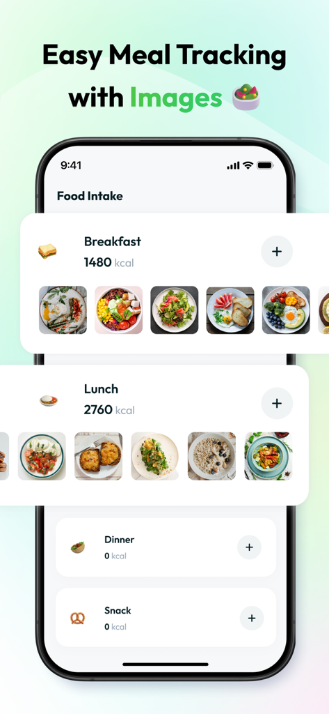 CalCam: AI Diet & Health - CalCam app interface showing meal tracking with photos for breakfast and lunch