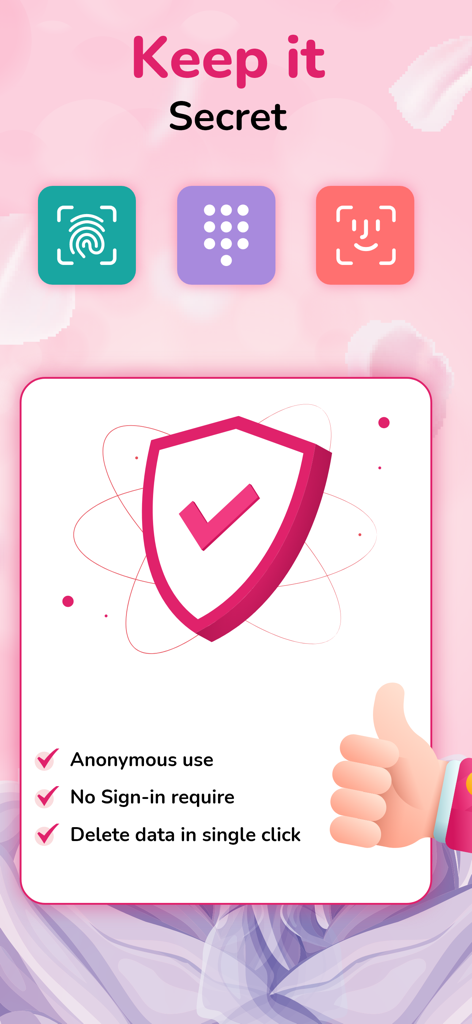 Privacy and security features of the Period and Ovulation Calculator app showing biometric lock and anonymous use options.