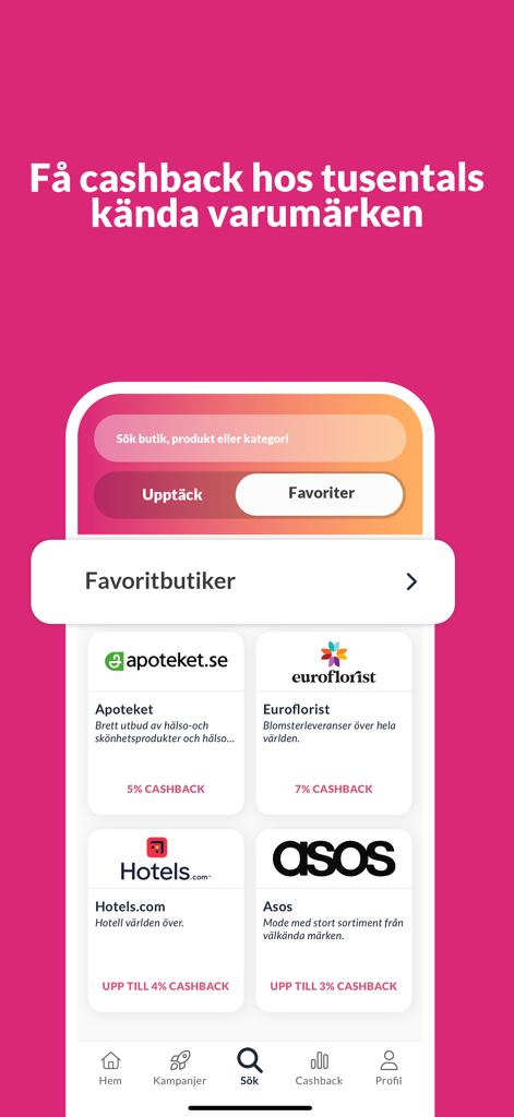Interface de l'application Refunder affichant des offres de cashback pour des marques comme Hotels.com et ASOS