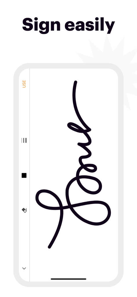 ヘッダー「簡単に署名」と白い画面にデジタル署名を表示するpdfFillerアプリのモバイルインターフェイス。