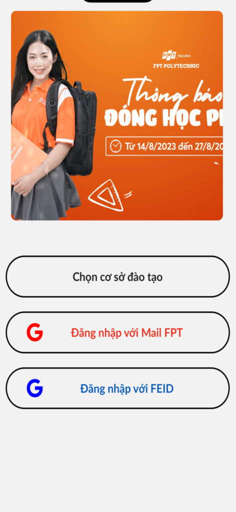 Interface de connexion de l'application myFPL pour les étudiants de l'Université FPT montrant les options de connexion.
