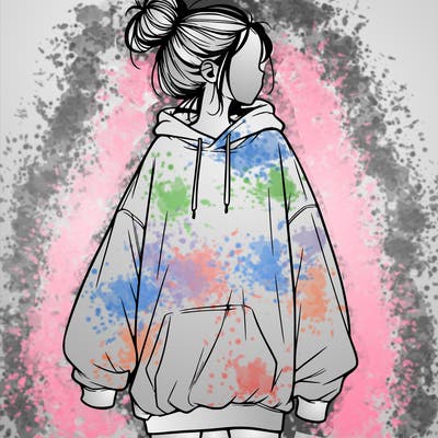 realistic girl with a oversized sweatshirt on and a bun