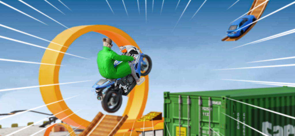 Motorcycles & Car Stunt Games - A motorcycle rider performing a high flying stunt jump through a large orange loop track.