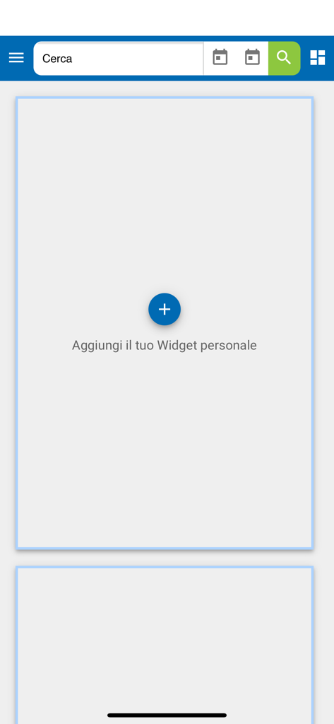 Interfaccia dell'app VoloPress che mostra una schermata della dashboard con un'opzione per aggiungere un widget personale.