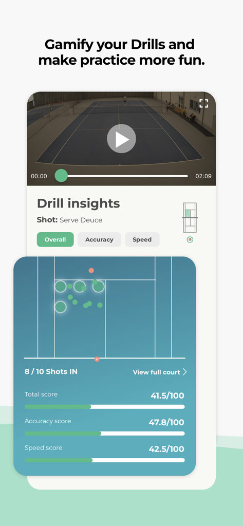 Wingfield app drill insights screen showing tennis ball placement and performance scores for accuracy and speed