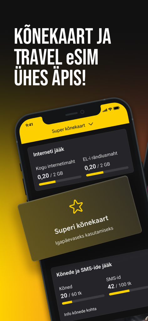 Mobile app interface for Super Konekaart and Travel eSIM showing internet and roaming data balance