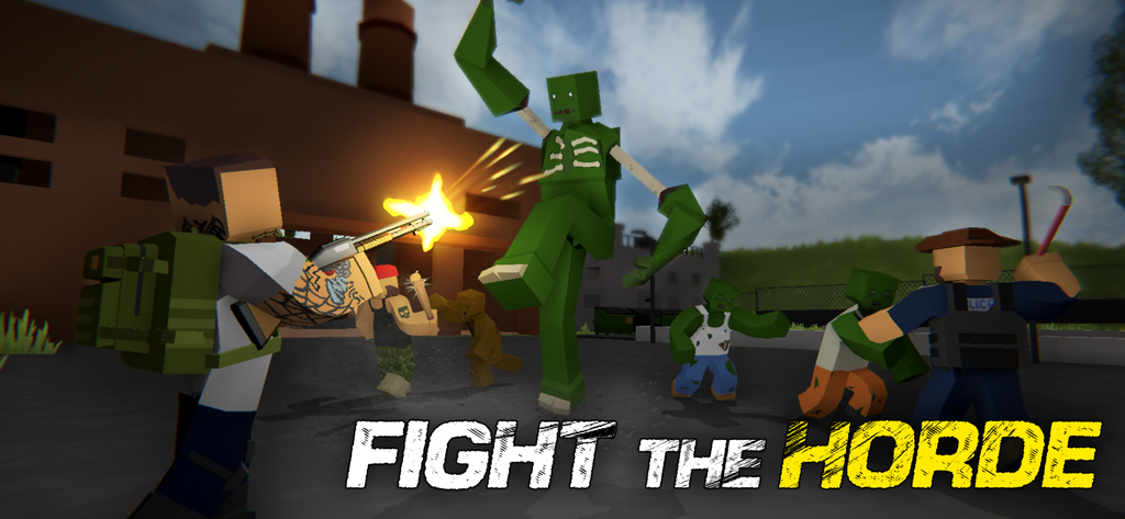 The Outlands 2 Zombie Survival - Personajes low-poly en un juego de supervivencia de zombis luchando contra una horda de zombis verdes con armas de fuego y armas cuerpo a cuerpo