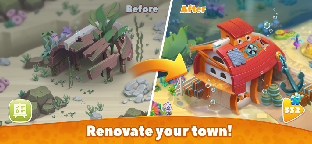 Undersea Solitaire Tripeaks - Before and after comparison of a renovated underwater building in Undersea Solitaire Tripeaks