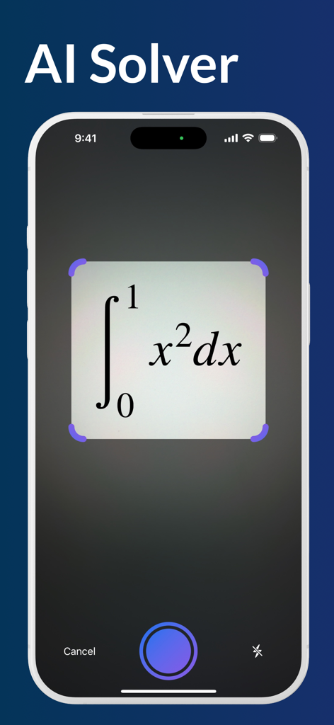 iCalc: Photo Math Calculator - iCalc app interface scanning a calculus integral equation with AI Solver