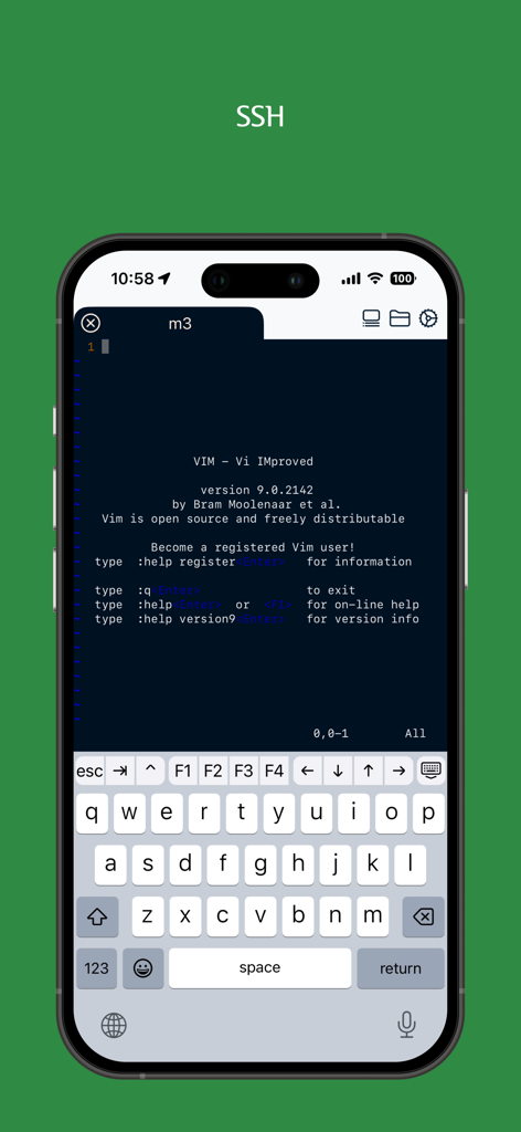 Xany app SSH terminal interface displaying the Vim editor on an iPhone