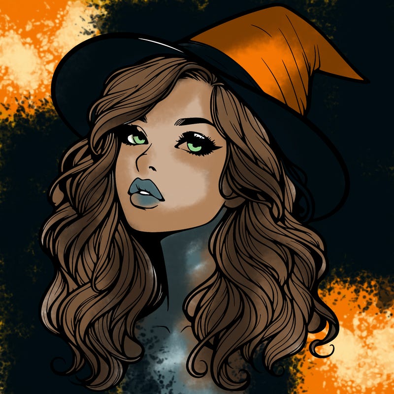 realistic witch girl with wavy hair and lips
