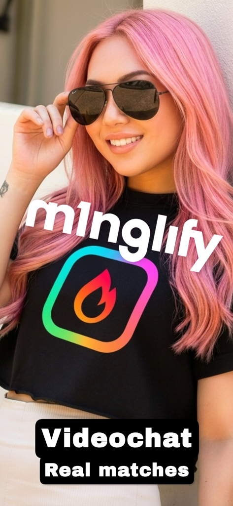 Young woman with pink hair and sunglasses promoting Minglify video chat and real matches