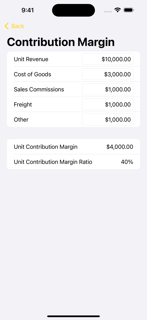 Business Calculator + - Interface montrant le calculateur de marge de contribution unitaire dans l'application Business Calculator plus