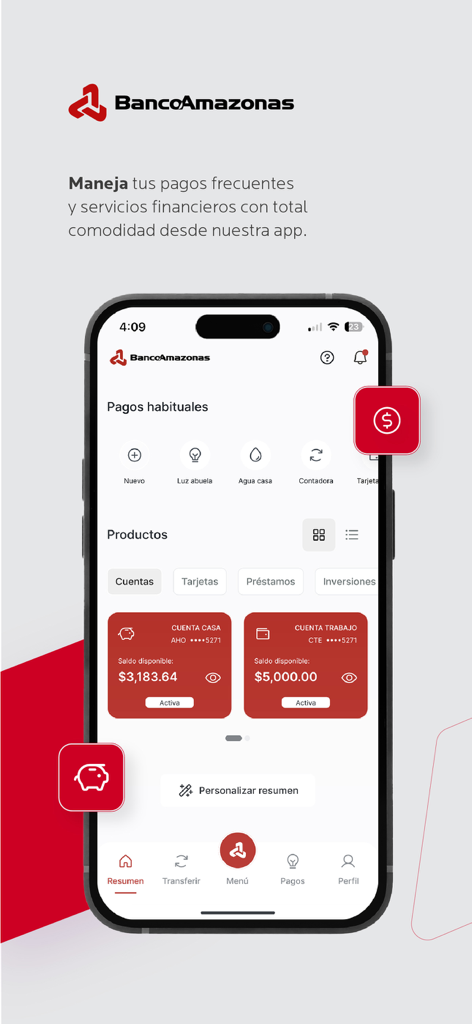 Banco Amazonas mobile app interface showing account balances and frequent payment shortcuts