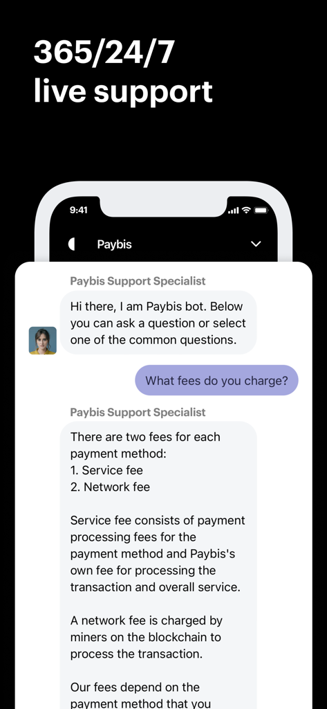 Interfaz de chat de la app móvil de Paybis que muestra soporte en vivo 24/7 para tarifas de transacciones de criptomonedas