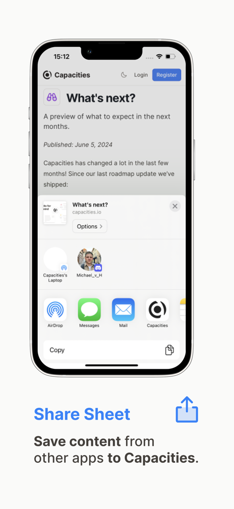 Capacities – Notes & PKM - iPhone-Bildschirm, der die iOS Share Sheet-Oberfläche zeigt, um externe Inhalte direkt in die Capacities App zu speichern