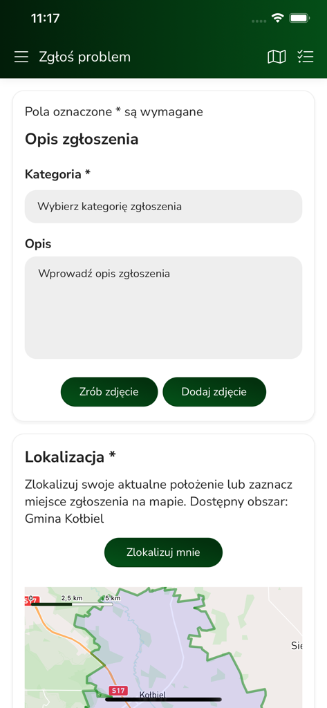 Interfaccia dell'app Gmina Kolbiel per segnalare problemi locali con selezione della categoria e mappa della posizione