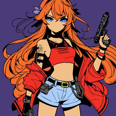 bad girl wearing crop top holding a gun long hair anime