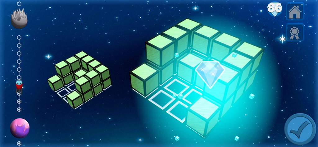 Educational gameplay screen showing a 3D block building exercise in a space-themed environment.