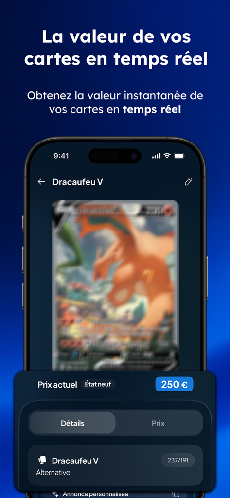 Cardzia - Scan & valeur TCG - Cardzia app interface showing a Dracaufeu V card with a real-time market value of 250 Euros