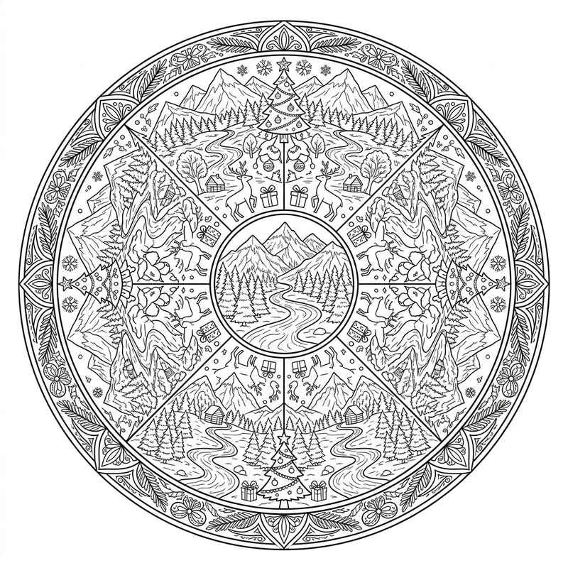 Discover a stunning Christmas Nature Mandala, blending majestic mountains and serene rivers with festive trees and reindeer. This intricate design offers a joyful and meditative coloring experience for the holiday season.