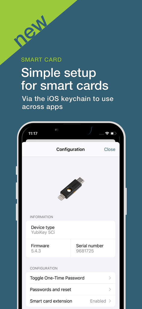 Yubico Authenticator - Pantalla de la aplicación Yubico Authenticator que muestra la configuración y la configuración de la tarjeta inteligente para un dispositivo YubiKey 5Ci.
