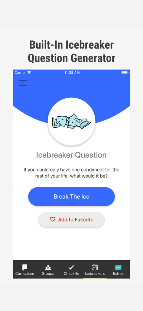 A screenshot of the Grow Youth and Kids Ministry app showing the built-in icebreaker question generator feature.