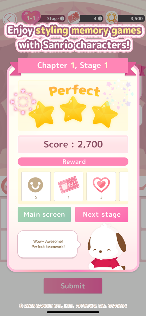 Hello Kitty Dream Village - Écran de résultat du jeu de mémoire de style Hello Kitty Dream Village montrant un score parfait de trois étoiles et des récompenses.