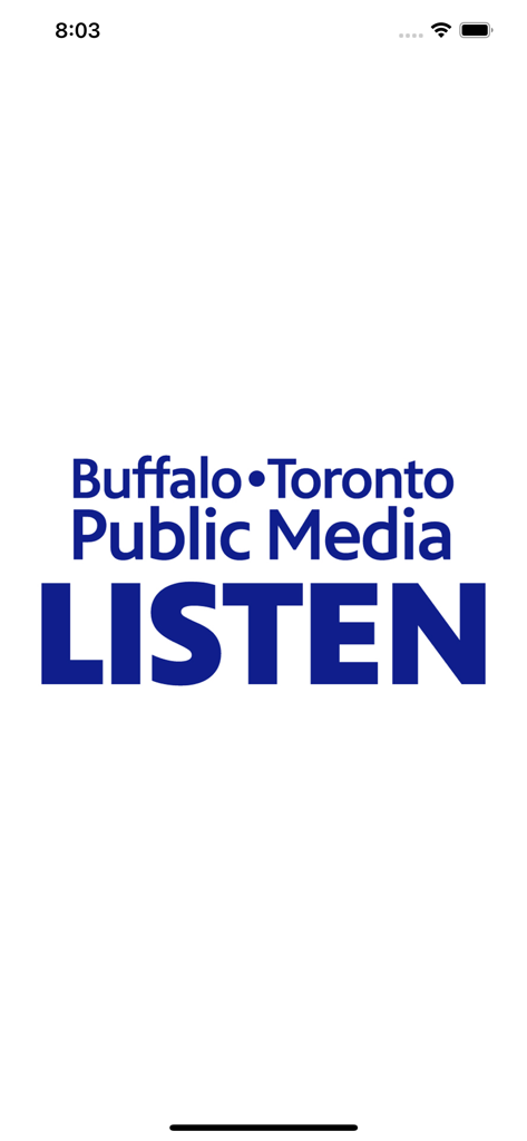 Buffalo Toronto Public Media Listen app splash screen with blue logo on white background