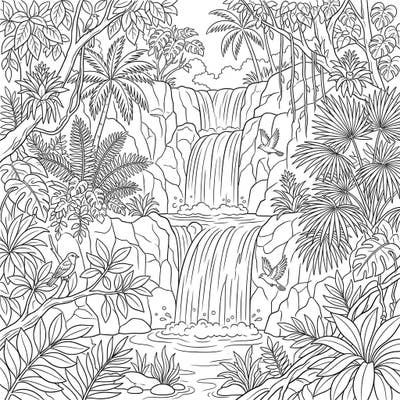 Dive into the breathtaking beauty of a tropical rainforest with this intricate coloring page. Featuring majestic waterfalls surrounded by exotic flora and charming birds, it's a perfect escape for nature lovers.