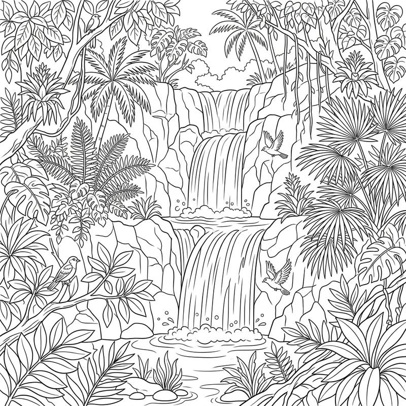 Dive into the breathtaking beauty of a tropical rainforest with this intricate coloring page. Featuring majestic waterfalls surrounded by exotic flora and charming birds, it's a perfect escape for nature lovers.