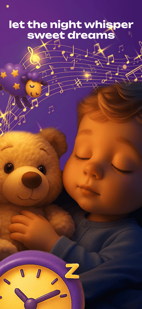 Ein schlafendes Baby umarmt einen Teddybären mit Noten und einem Schaf im Hintergrund