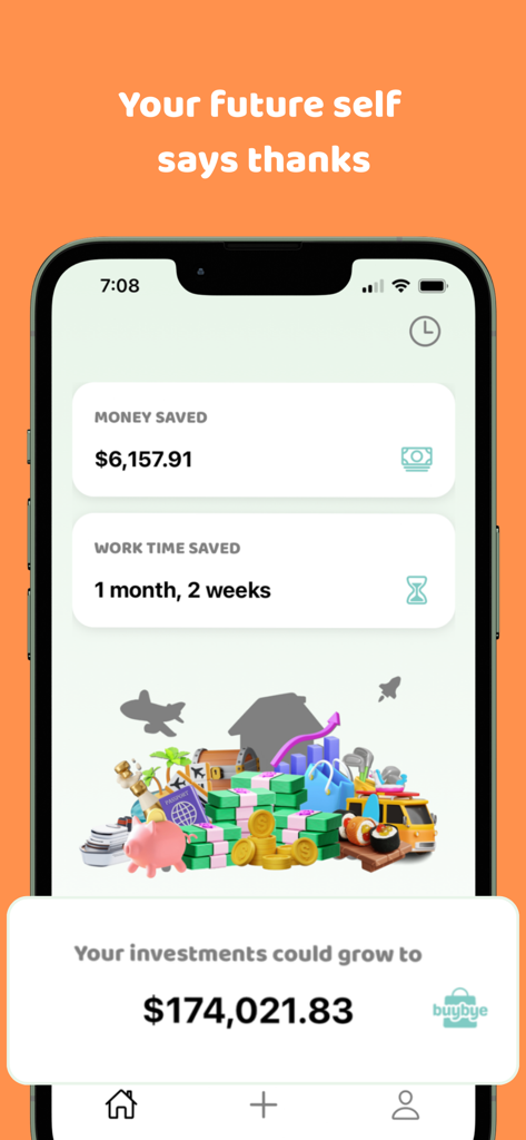 BuyBye - Save Money - Panel de la aplicación BuyBye que visualiza el dinero total ahorrado y el tiempo de trabajo recuperado