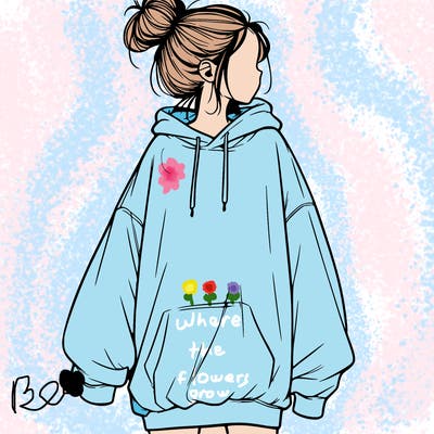 realistic girl with a oversized sweatshirt on and a bun