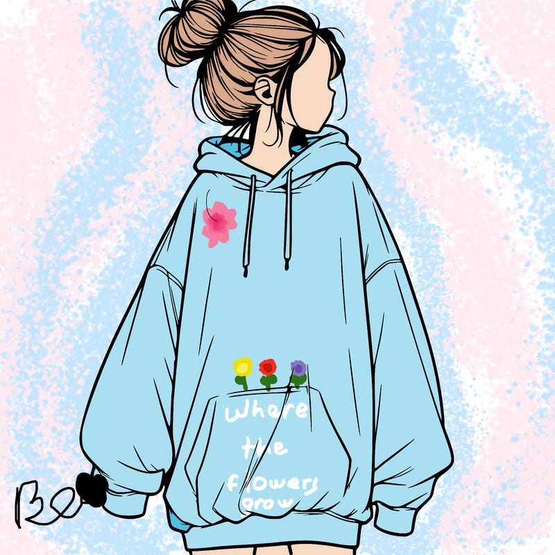 realistic girl with a oversized sweatshirt on and a bun