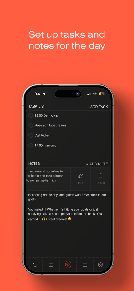 CLM Discipline guide - Interfaz de la aplicación Guía de Disciplina CLM que muestra la lista de tareas diarias y notas para rutinas de autocuidado