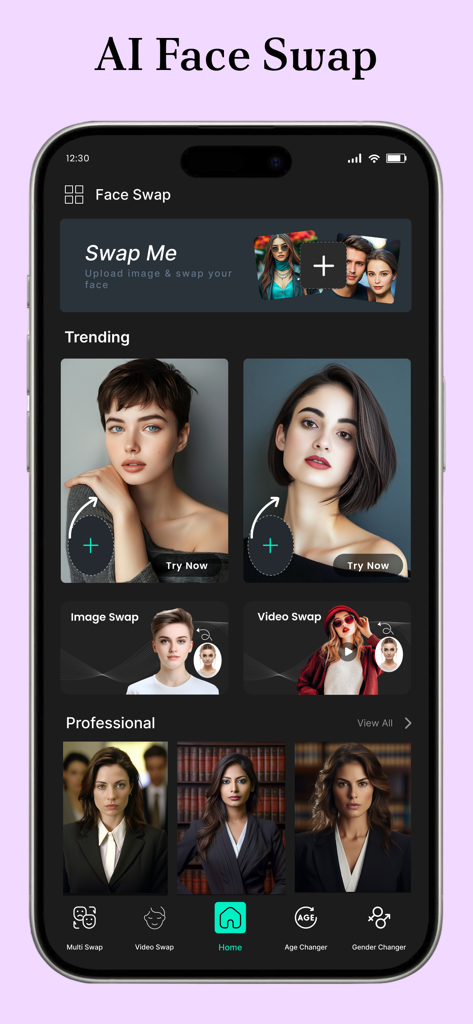 AI Face Swap: Photo Editor App - Interface of the AI Face Swap app showing trending styles and professional photo swap options on a smartphone screen.