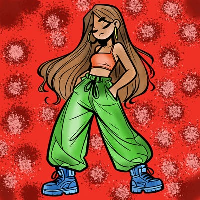 girl in baggy pants crop top and long hair