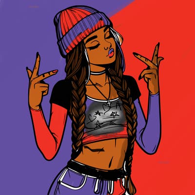 realistic teenage girl with braids and a beanie and crop top doing 🫶🏼