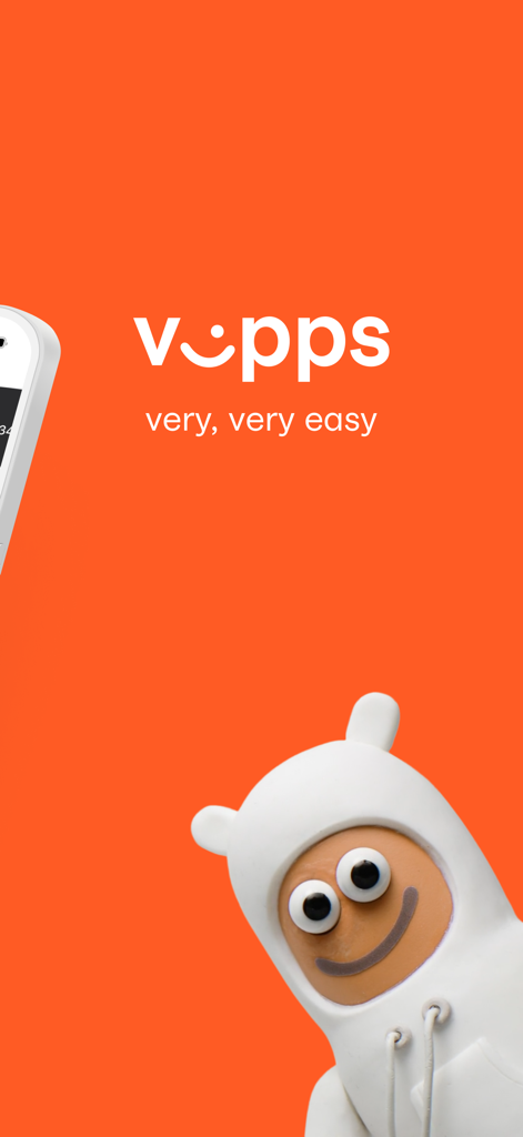 Vipps - Logotipo de la aplicación Vipps y eslogan muy muy fácil sobre un fondo naranja con un personaje sonriente