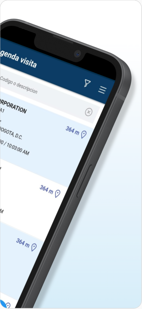 Terus - Terus mobile app screen showing a list of scheduled sales visits with distances and location icons.