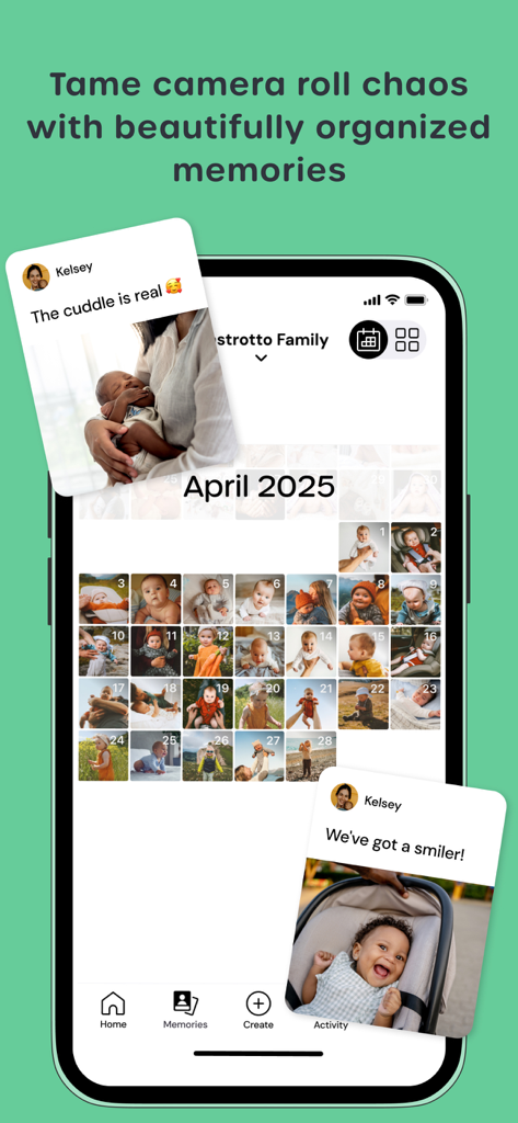 Schermata dello smartphone che mostra la vista calendario dell'app Tinybeans con foto e ricordi del bambino organizzati