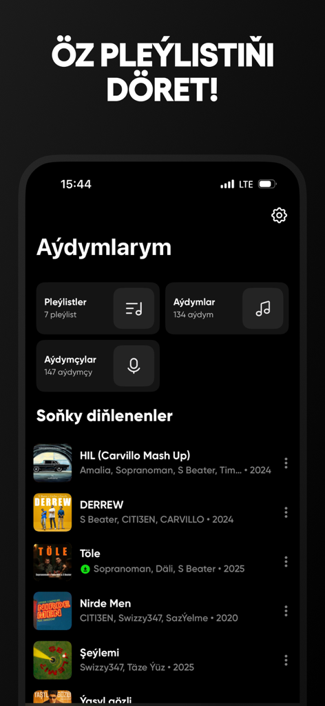 Una captura de pantalla de la sección de biblioteca de la aplicación Sazz que muestra listas de reproducción y una lista de canciones reproducidas recientemente en idioma turcomano