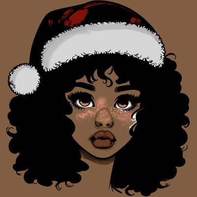 realistic girl with a santa hat curly hair and lips