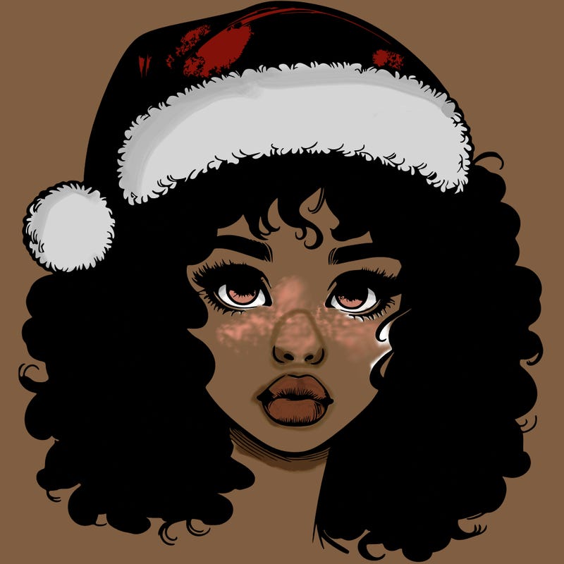 realistic girl with a santa hat curly hair and lips